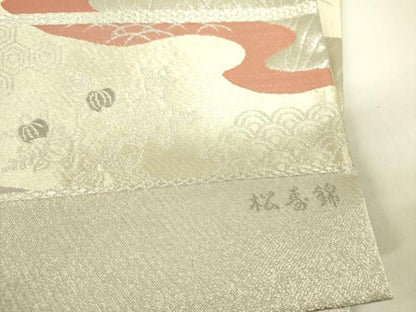 平和屋着物◎六通柄袋帯 松寿錦 風景花文 プラチナ銀箔二重織 正絹 逸品 DAAX1715op