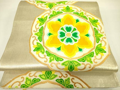 平和屋着物◎六通柄袋帯 唐織 花絵皿 金銀糸 正絹 逸品 DAAX1732op