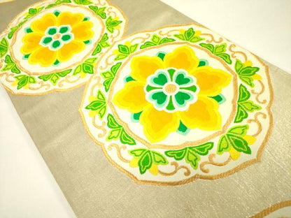 平和屋着物◎六通柄袋帯 唐織 花絵皿 金銀糸 正絹 逸品 DAAX1732op