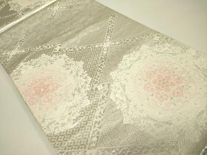 平和屋着物◎六通柄袋帯　正倉院花文　銀糸　正絹　逸品　DAAX1734op