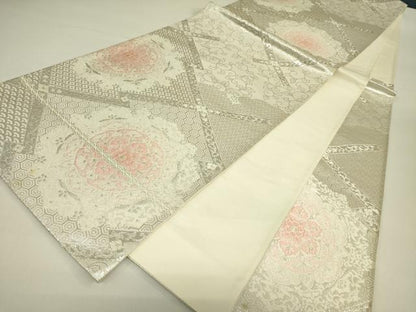 平和屋着物◎六通柄袋帯　正倉院花文　銀糸　正絹　逸品　DAAX1734op