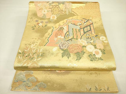 平和屋着物◎六通柄袋帯 御所車鴛鴦花文 金糸 正絹 逸品 DAAX1735op