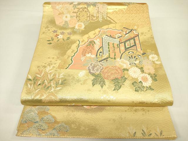 平和屋着物◎六通柄袋帯 御所車鴛鴦花文 金糸 正絹 逸品 DAAX1735op
