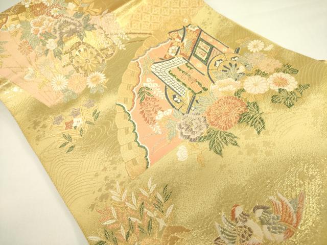 平和屋着物◎六通柄袋帯 御所車鴛鴦花文 金糸 正絹 逸品 DAAX1735op