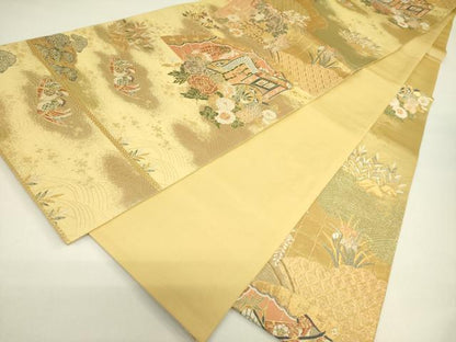 平和屋着物◎六通柄袋帯 御所車鴛鴦花文 金糸 正絹 逸品 DAAX1735op