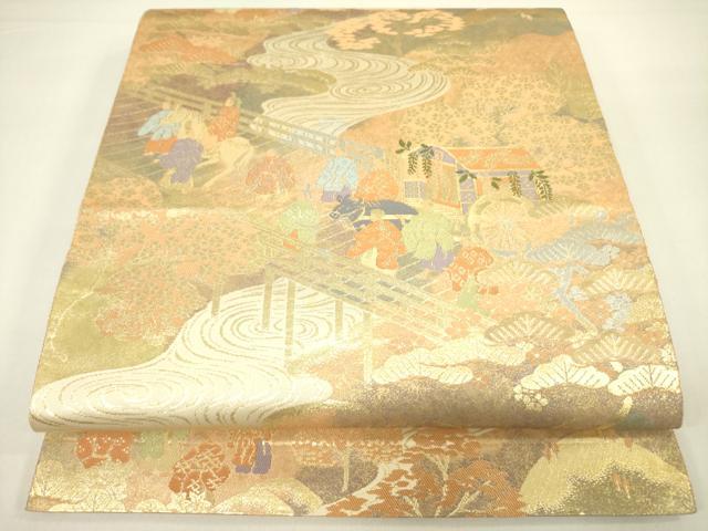 平和屋着物◎西陣 服部織物謹製 六通柄袋帯 こはく錦 手工芸 御所車人物花文 金銀糸 正絹 逸品 DAAX1737op