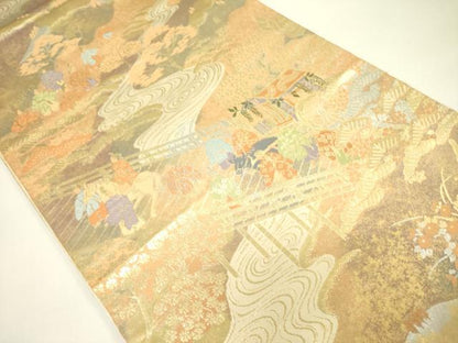 平和屋着物◎西陣 服部織物謹製 六通柄袋帯 こはく錦 手工芸 御所車人物花文 金銀糸 正絹 逸品 DAAX1737op