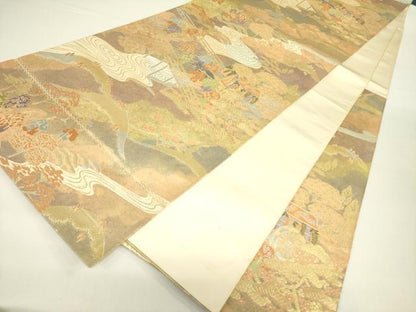 平和屋着物◎西陣 服部織物謹製 六通柄袋帯 こはく錦 手工芸 御所車人物花文 金銀糸 正絹 逸品 DAAX1737op