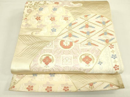 平和屋着物◎六通柄袋帯 唐織 双鶴花文 金糸 正絹 逸品 DAAX1747op