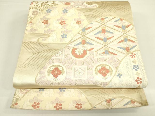 平和屋着物◎六通柄袋帯 唐織 双鶴花文 金糸 正絹 逸品 DAAX1747op