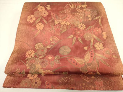 平和屋着物◎両面 六通柄袋帯 紬地 舞蝶花文 金糸 正絹 逸品 DAAX1753op