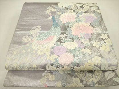 平和屋着物◎六通柄袋帯 唐織 孔雀花文 銀糸 正絹 逸品 DAAX1775op
