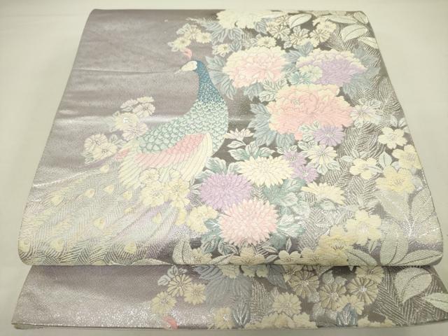 平和屋着物◎六通柄袋帯 唐織 孔雀花文 銀糸 正絹 逸品 DAAX1775op