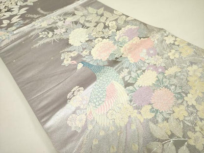 平和屋着物◎六通柄袋帯 唐織 孔雀花文 銀糸 正絹 逸品 DAAX1775op