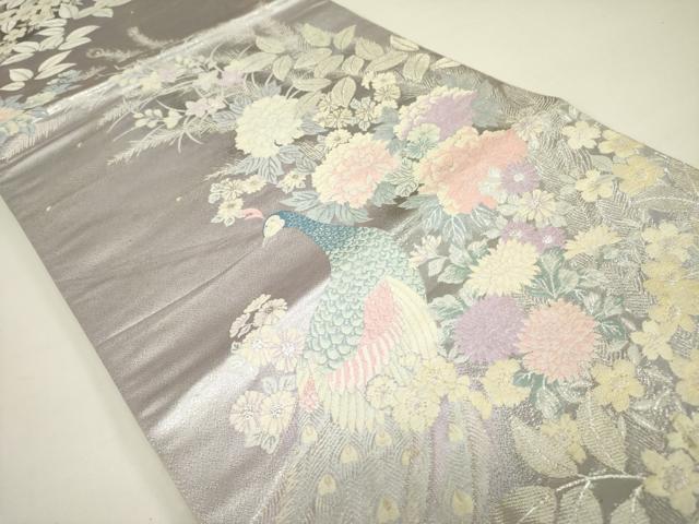 平和屋着物◎六通柄袋帯 唐織 孔雀花文 銀糸 正絹 逸品 DAAX1775op