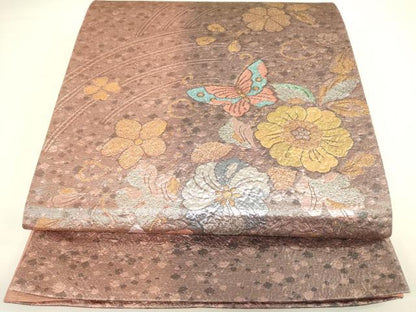 平和屋着物◎六通柄袋帯　舞蝶花文　金糸　正絹　逸品　DAAX1788op