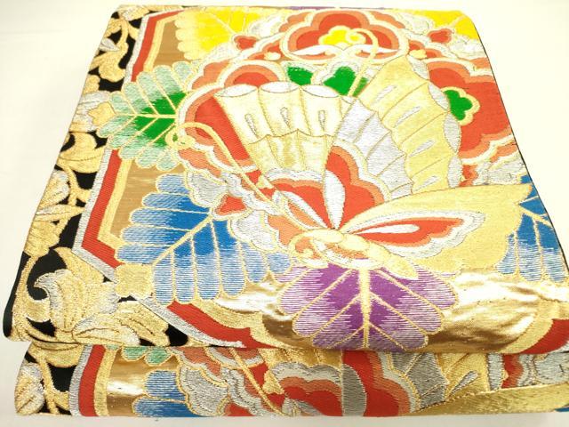 平和屋着物◎六通柄袋帯 舞蝶花文 黒地 金銀糸 正絹 逸品 DAAX1805op