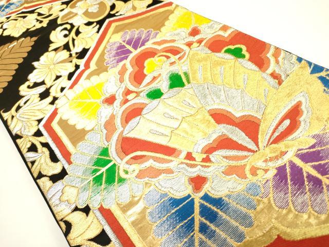 平和屋着物◎六通柄袋帯 舞蝶花文 黒地 金銀糸 正絹 逸品 DAAX1805op