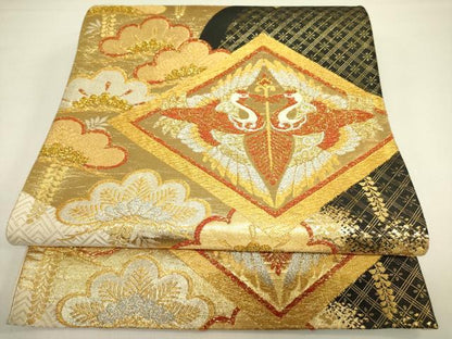 平和屋着物◎六通柄袋帯　唐織　向かい鶴松菱文　金銀糸　正絹　逸品　DAAX1837op