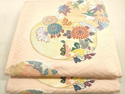 平和屋着物◎西陣 六通柄袋帯 唐織 秋草入扇花の丸文様 金糸 証紙付き 正絹 逸品 DAAX2242xg