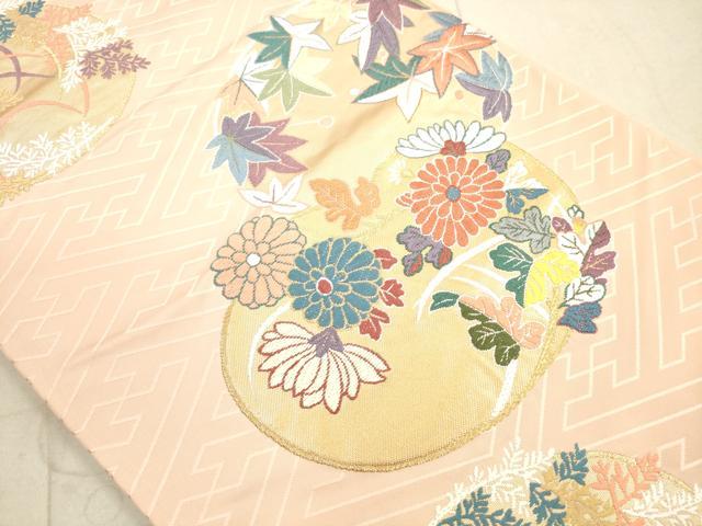 平和屋着物◎西陣 六通柄袋帯 唐織 秋草入扇花の丸文様 金糸 証紙付き 正絹 逸品 DAAX2242xg
