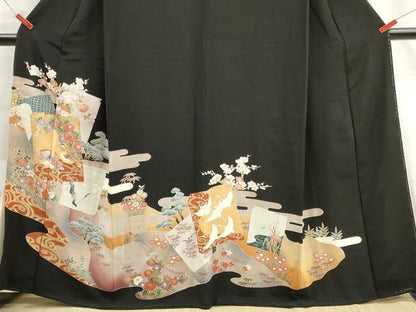平和屋着物■豪華黒留袖 駒刺繍 地紙鴛鴦花文 金彩 正絹 逸品 DAAX2338xg