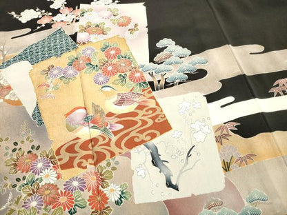 平和屋着物■豪華黒留袖 駒刺繍 地紙鴛鴦花文 金彩 正絹 逸品 DAAX2338xg