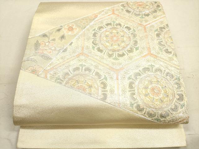 平和屋着物◎太鼓柄袋帯　総刺繍　駒刺繍　正倉院更紗花文　銀糸　正絹　逸品　DAAX2406xg