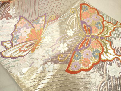 平和屋着物◎六通柄袋帯　唐織　花蝶文　金銀糸　正絹　逸品　DAAX2408xg
