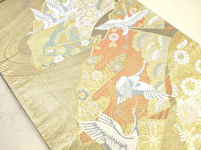 平和屋着物◎六通柄袋帯　唐織　地紙飛鶴花文　金銀糸　正絹　逸品　DAAX2410xg