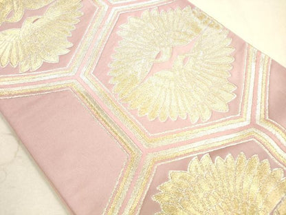 平和屋着物◎六通柄袋帯　亀甲向かい鶴文　金糸　正絹　逸品　DAAX2413xg