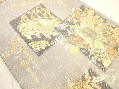平和屋着物◎六通柄袋帯　色紙御所車花文　金糸　正絹　逸品　DAAX2426xg