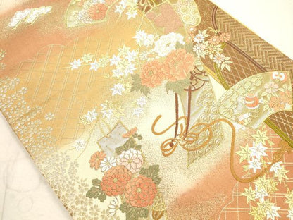 平和屋着物◎六通柄袋帯　唐織　短冊草花文　金糸　正絹　逸品　DAAX2434xg