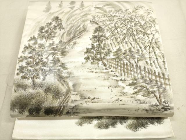 平和屋着物◎太鼓柄袋帯 手描き 風景文 銀糸 正絹 逸品 DAAX2455xg