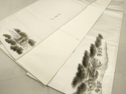 平和屋着物◎太鼓柄袋帯 手描き 風景文 銀糸 正絹 逸品 DAAX2455xg
