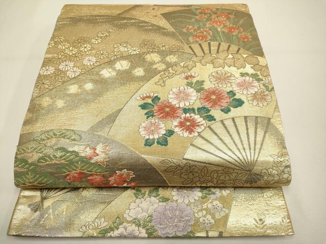 平和屋着物◎六通柄袋帯　扇面花文　金糸　正絹　逸品　DAAX2858du