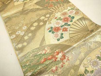 平和屋着物◎六通柄袋帯　扇面花文　金糸　正絹　逸品　DAAX2858du