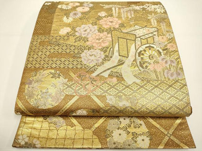 平和屋着物◎六通柄袋帯　御所車吉祥花文　プラチナ二重箔　正絹　逸品　DAAX2866du
