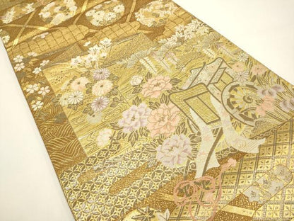 平和屋着物◎六通柄袋帯　御所車吉祥花文　プラチナ二重箔　正絹　逸品　DAAX2866du