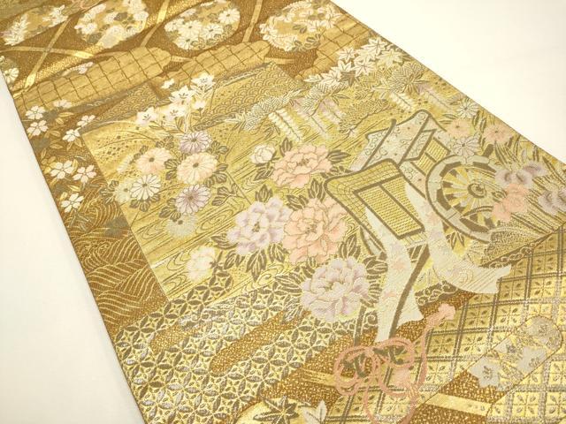 平和屋着物◎六通柄袋帯　御所車吉祥花文　プラチナ二重箔　正絹　逸品　DAAX2866du