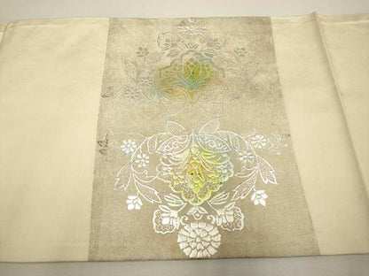 平和屋着物◎九寸開き名古屋帯　洋花文　銀彩　正絹　逸品　DAAX2875du