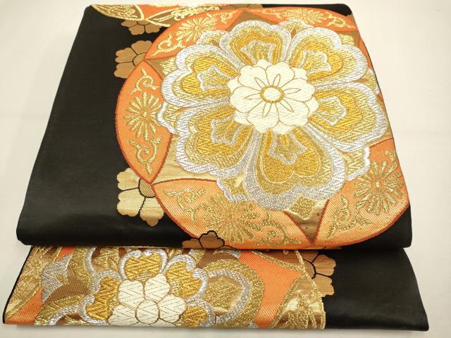 平和屋着物◎六通柄袋帯　唐織　正倉院花文　黒地　金銀糸　正絹　逸品　DAAX2925du