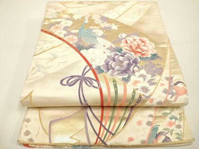平和屋着物◎六通柄袋帯 唐織 扇緬孔雀文 金糸 正絹 逸品 DAAX2976du