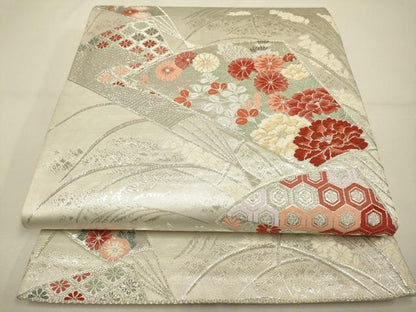 平和屋着物◎六通柄袋帯　唐織　扇面吉祥花文　プラチナ箔　正絹　逸品　DAAX2977du