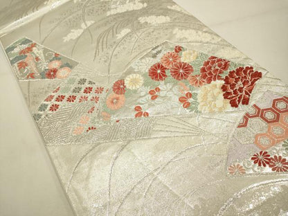 平和屋着物◎六通柄袋帯　唐織　扇面吉祥花文　プラチナ箔　正絹　逸品　DAAX2977du
