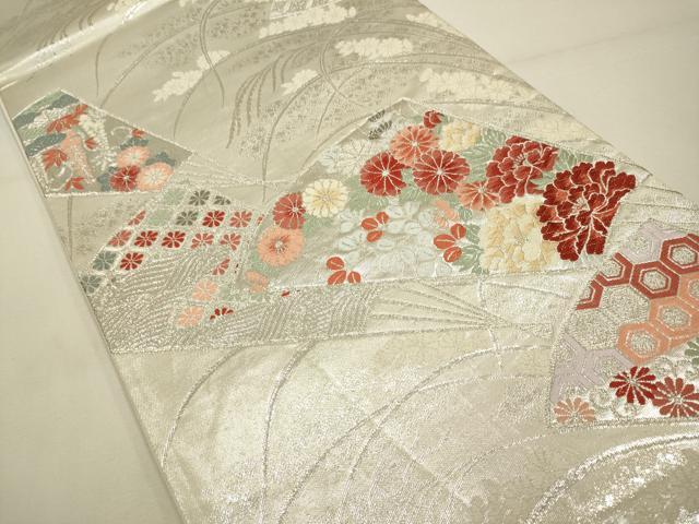 平和屋着物◎六通柄袋帯　唐織　扇面吉祥花文　プラチナ箔　正絹　逸品　DAAX2977du