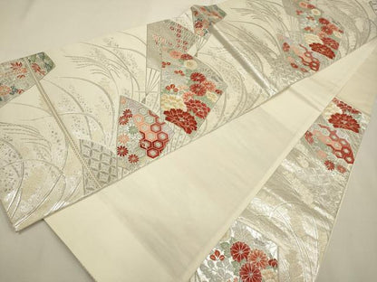 平和屋着物◎六通柄袋帯　唐織　扇面吉祥花文　プラチナ箔　正絹　逸品　DAAX2977du