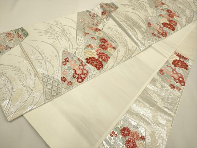 平和屋着物◎六通柄袋帯　唐織　扇面吉祥花文　プラチナ箔　正絹　逸品　DAAX2977du