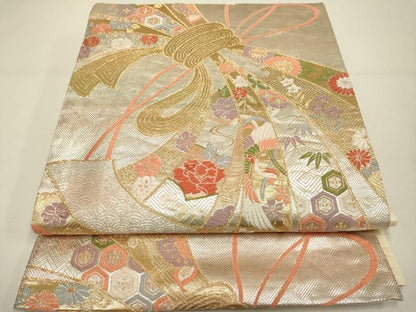 平和屋着物◎六通柄袋帯 唐織 虹彩錦 束ね熨斗飛鶴吉祥花文 金銀糸 正絹 逸品 DAAX2982du