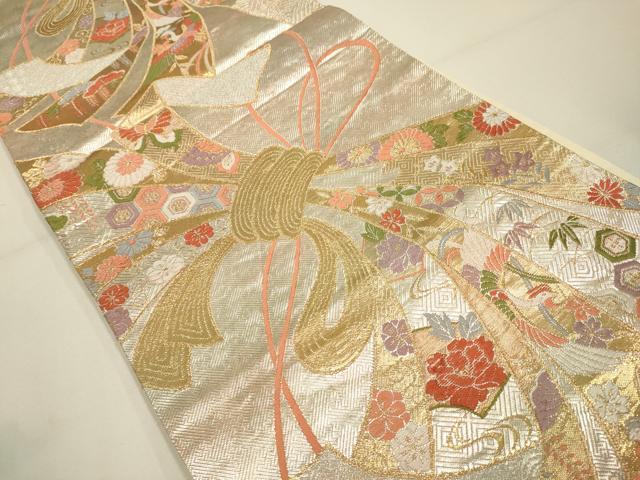 平和屋着物◎六通柄袋帯 唐織 虹彩錦 束ね熨斗飛鶴吉祥花文 金銀糸 正絹 逸品 DAAX2982du